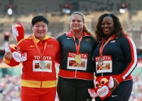 IAAF World Championships 2015, Beijing. Day 2. Medal Ceremony. Shot Put World Champion CHRISTINA SCHWANITZ, GER, Silver is Michelle CARTER, USA. Bronze is Lijiao GONG, CHN