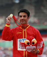 IAAF World Championships 2015, Beijing. Day 2. Medal Ceremony. 20km Race Walk World Champion Miguel Ángel LÓPEZ, ESP