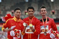 IAAF World Championships 2015, Beijing. Day 2. Medal Ceremony. 20km Race Walk World Champion Miguel Ángel LÓPEZ, ESP. Silver Zhen WANG, CHN. Bronze Benjamin THORNE, CAN