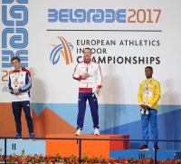 34th European Athletics Indoor Championships 2017. 60 Metres Champion Richard Kilty, GBR. Silver is Jan Volko, SVK. Bronze is Austin Hamilton, SWE