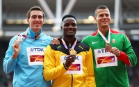 IAAF WORLD CHAMPIONSHIPS LONDON 2017. 110 Metres Hurdles World Champion is Omar MCLEOD, JAM. Silver Sergey Shubenkov (ANA), Bronze Balazs BAJI, HUN