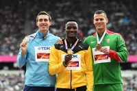 IAAF WORLD CHAMPIONSHIPS LONDON 2017. 110 Metres Hurdles World Champion Omar MCLEOD, JAM. World Championships Silver Sergey Shubenkov. World Championships Bronze Balazs BAJI, HUN