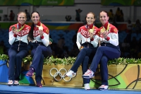 Fencing at the 2016 Summer Olympics. Bronze medallists Violetta Kolobova, Tatyana Logunova, Lyubov Shutova, Olga Kochneva