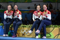 Fencing at the 2016 Summer Olympics. Bronze medallists Violetta Kolobova, Tatyana Logunova, Lyubov Shutova, Olga Kochneva