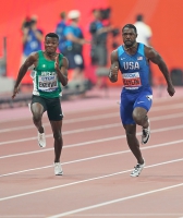 IAAF WORLD ATHLETICS CHAMPIONSHIPS, DOHA 2019. Day 2. 100m. Semi-Final. Justin GATLIN, USA, Raymond EKEVWO, NGR