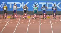 IAAF WORLD ATHLETICS CHAMPIONSHIPS, DOHA 2019. Day 2. 100 Metres Final. Christian COLEMAN, Justin GATLIN, USA, Andre DE GRASSE, CAN, Akani SIMBINE