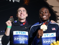 IAAF WORLD ATHLETICS CHAMPIONSHIPS, DOHA 2019. Day 7. Medal Ceremony. World Champion is Grant HOLLOWAY, USA