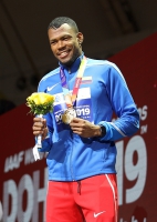 IAAF WORLD ATHLETICS CHAMPIONSHIPS, DOHA 2019. Day 9. 400 Metres Medal Ceremony. Silver Medallist is Anthony José ZAMBRANO, COL