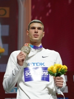IAAF WORLD ATHLETICS CHAMPIONSHIPS, DOHA 2019. Day 9. High Jump Medal Ceremony. Silver World Medallist is Mikhail Akimenko